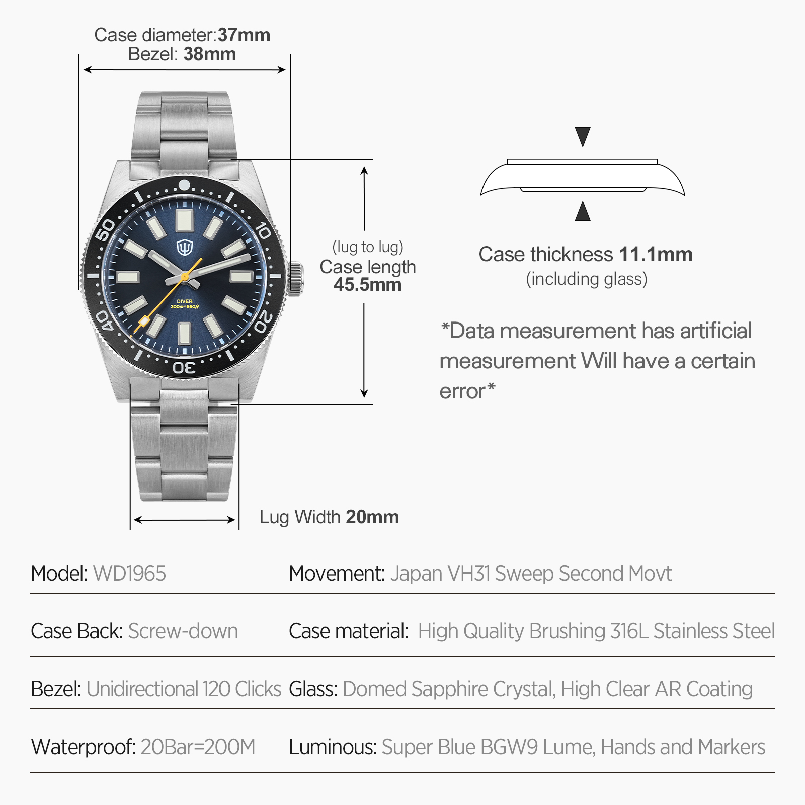 Watchdives 37Mm WD1965 V2 Man  - Jewellery Watches recension och pris